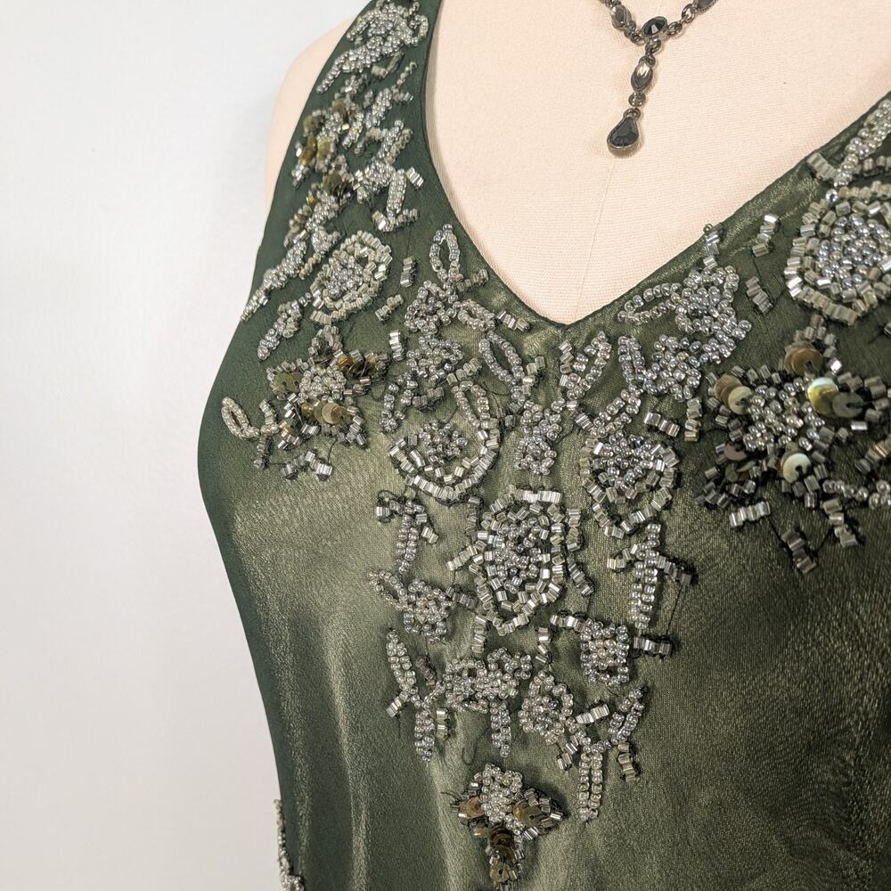 Vintage Scala Midi Dress Cocktail Gown XL Green Silk Bead Gatsby Fairy Grunge - Picture 5 of 16